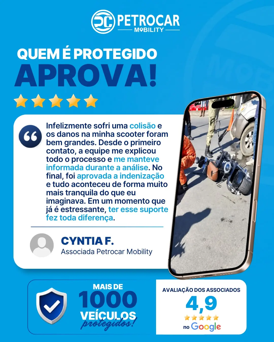 Relato de Cyntia F. sobre indenização após colisão